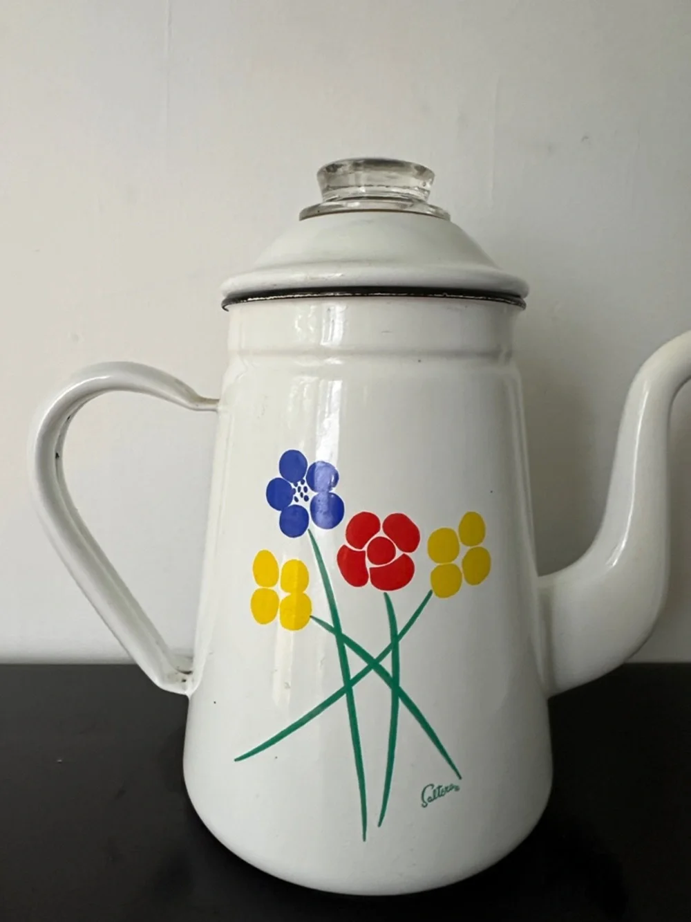 White Floral Rooster Enamel Coffee Pot - Picture 2 of 6